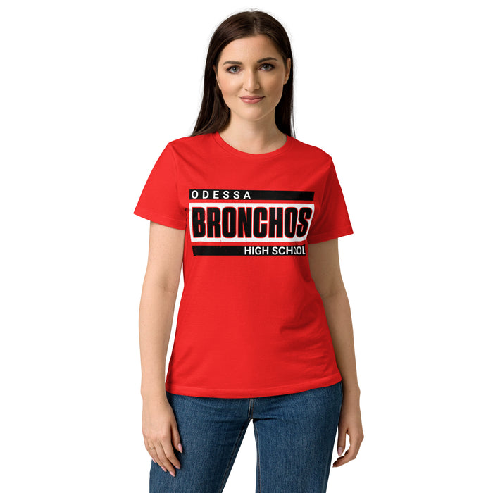 Woman wearing Odessa High School Bronchos Women's Red SoftStyle T-shirt 098