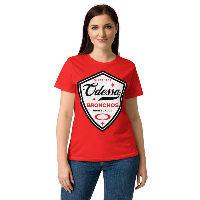 Woman wearing Odessa High School Bronchos Women's Red SoftStyle T-shirt 225