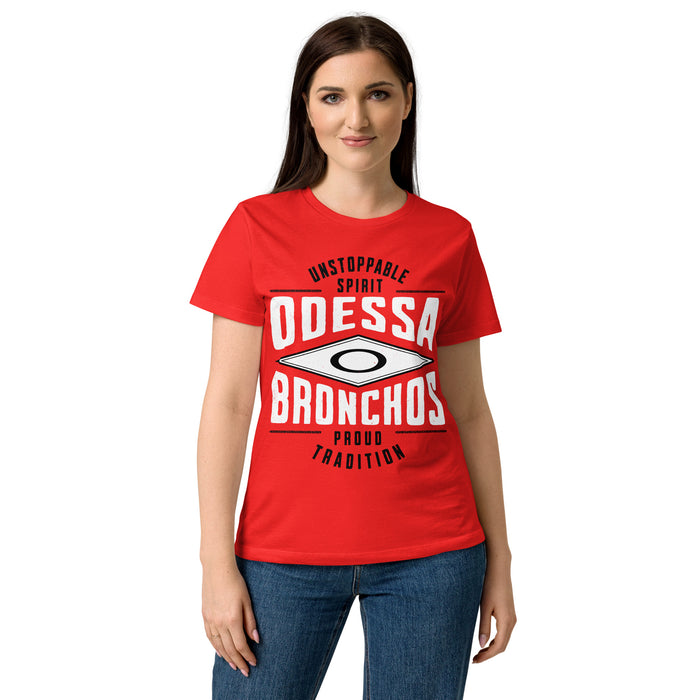 Woman wearing Odessa High School Bronchos Women's Red SoftStyle T-shirt 210