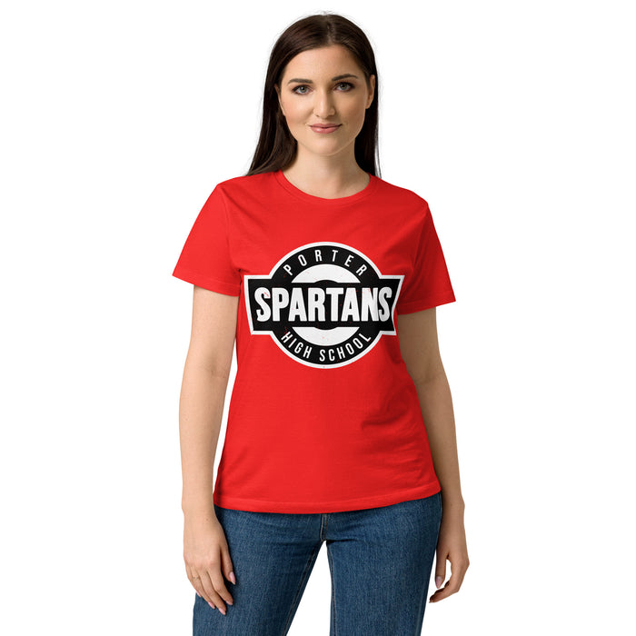 Lady wearing Porter High School Spartans Women's Red SoftStyle T-shirt 011