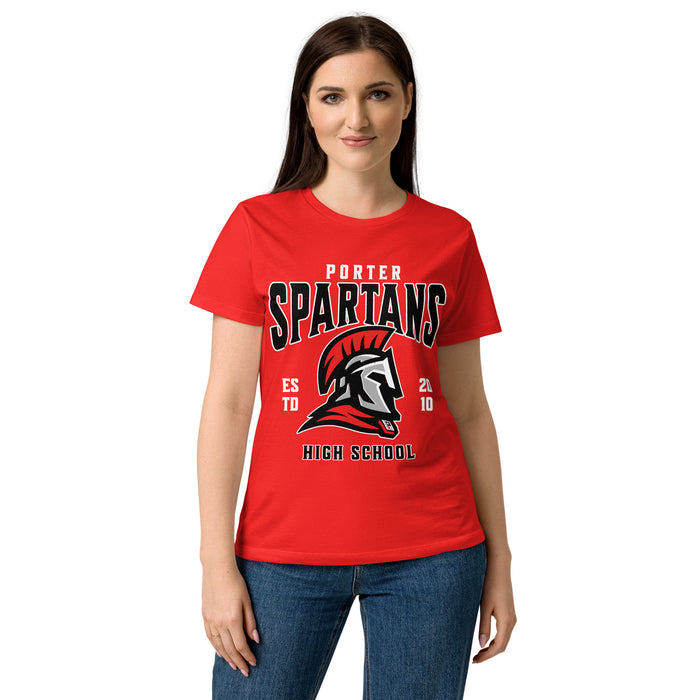 Woman wearing Porter High School Spartans Women's Red SoftStyle T-shirt 213