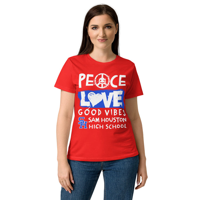 Front view of Sam Houston High School Texans Women's Red SoftStyle T-shirt 240