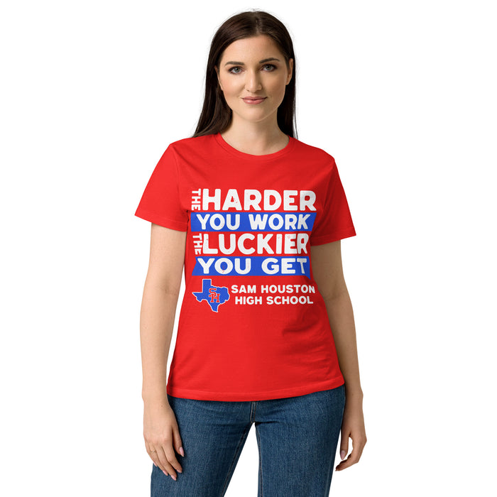 Woman wearing Sam Houston High School Texans Women's Red SoftStyle T-shirt 238