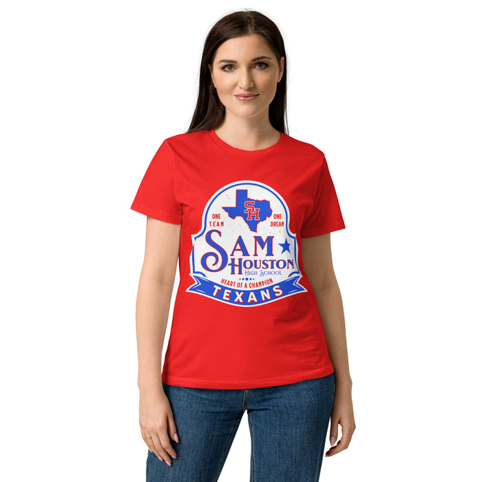 Front view of Sam Houston High School Texans Women's Red SoftStyle T-shirt 219