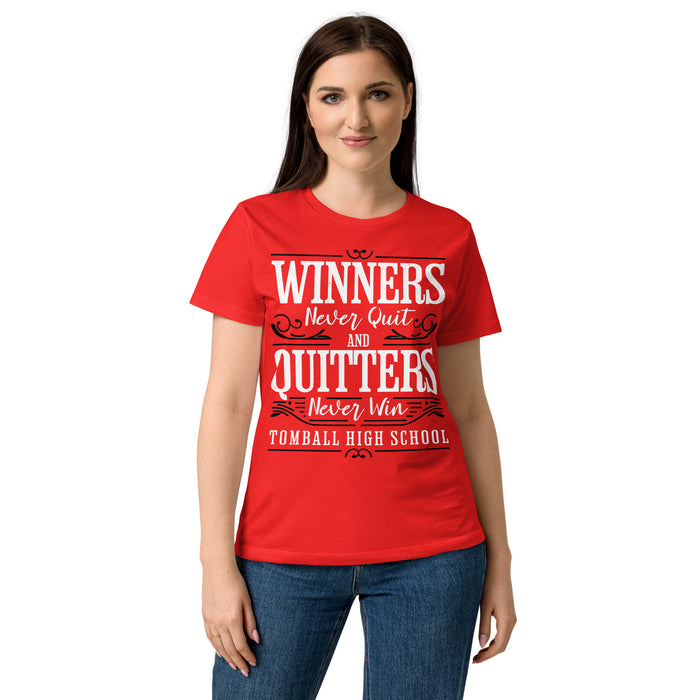 Lady wearing Tomball High School Cougars Women's Red SoftStyle T-shirt 237