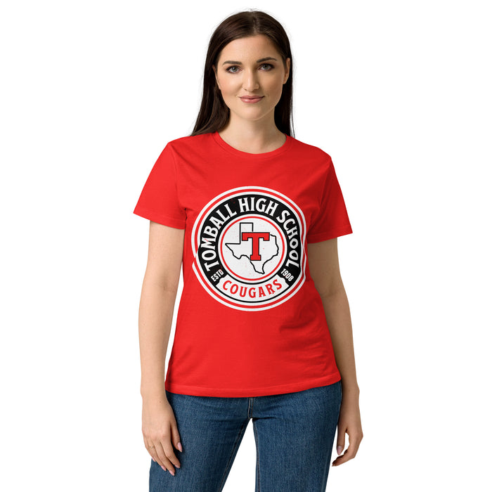 Young lady wearing Tomball High School Cougars Women's Red SoftStyle T-shirt 220