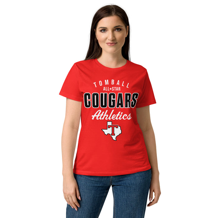 Woman wearing Tomball High School Cougars Women's Red SoftStyle T-shirt 034