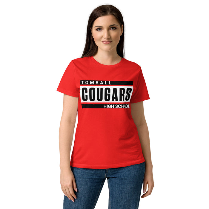 Female wearing Tomball High School Cougars Women's Red SoftStyle T-shirt 098