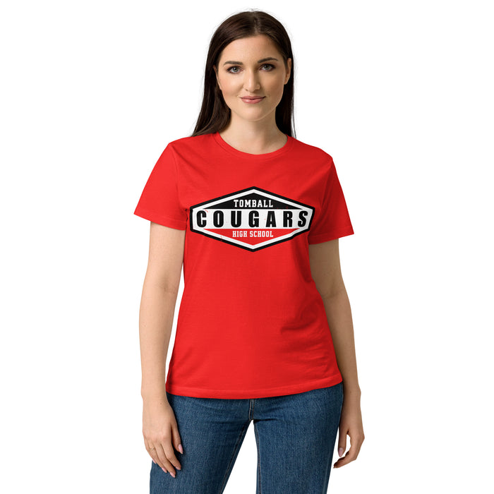 Lady wearing Tomball High School Cougars Women's Red SoftStyle T-shirt 009