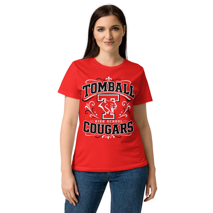 Front view of wearing Tomball High School Cougars Women's Red SoftStyle T-shirt 012