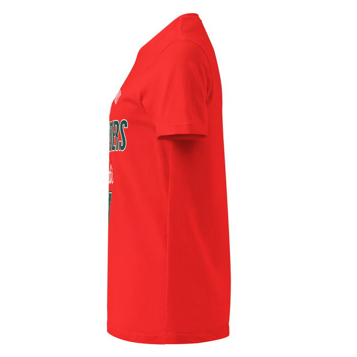 Side view of The Woodlands High School Highlanders Women's Red SoftStyle T-shirt 034