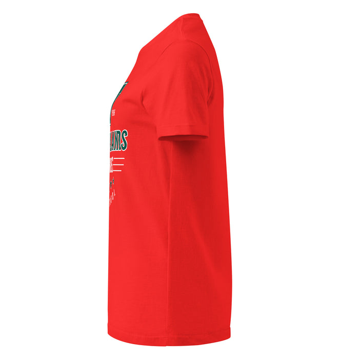 Side view of The Woodlands High School Highlanders Women's Red SoftStyle T-shirt 217