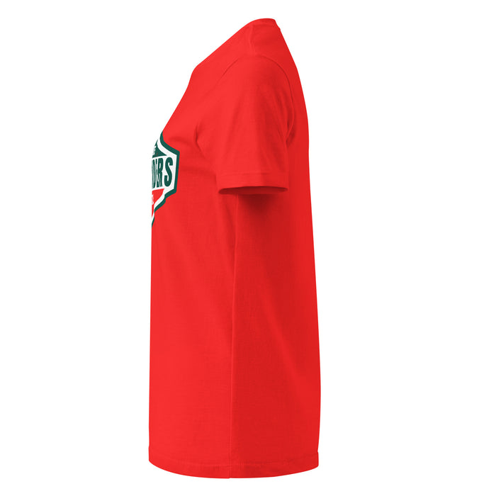 Side view of The Woodlands High School Highlanders Women's Red SoftStyle T-shirt 009