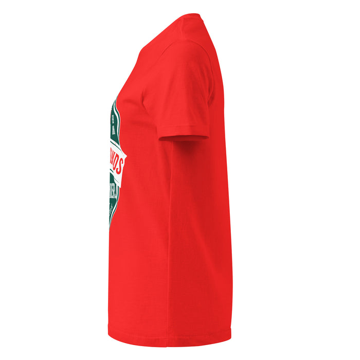 Side view of The Woodlands High School Highlanders Women's Red SoftStyle T-shirt 209