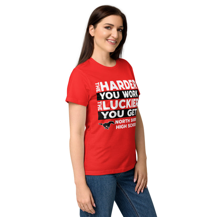 Side view of North Shore High School Mustangs Women's Red SoftStyle T-shirt 238