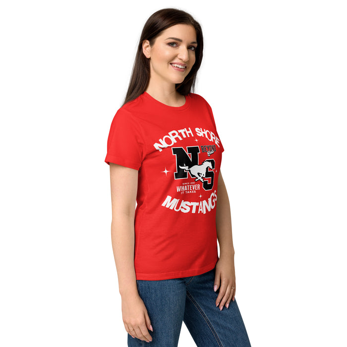 Side view of North Shore High School Mustangs Women's Red SoftStyle T-shirt 228