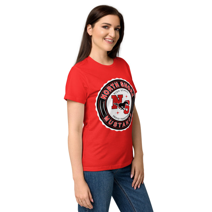 Side view of North Shore High School Mustangs Women's Red SoftStyle T-shirt 216
