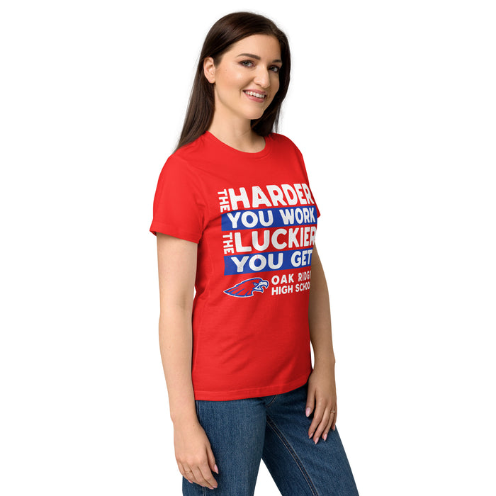 Side view of Oak Ridge High School War Eagles Women's Red SoftStyle T-shirt 238