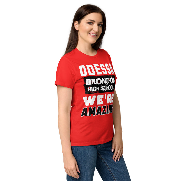 Side view of Odessa High School Bronchos Women's Red SoftStyle T-shirt 231
