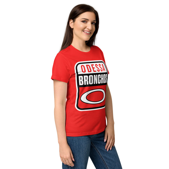 Side view of Odessa High School Bronchos Women's Red SoftStyle T-shirt 001