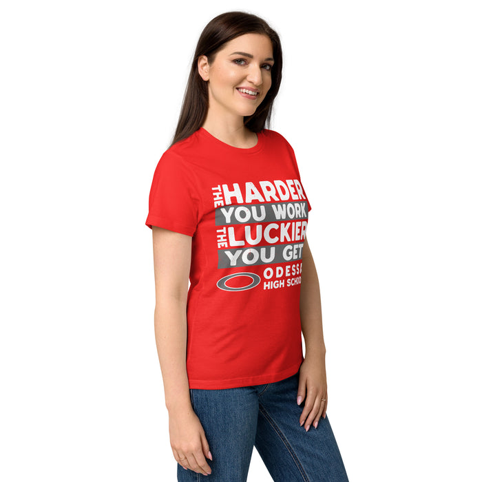 Side view of Odessa High School Bronchos Women's Red SoftStyle T-shirt 238