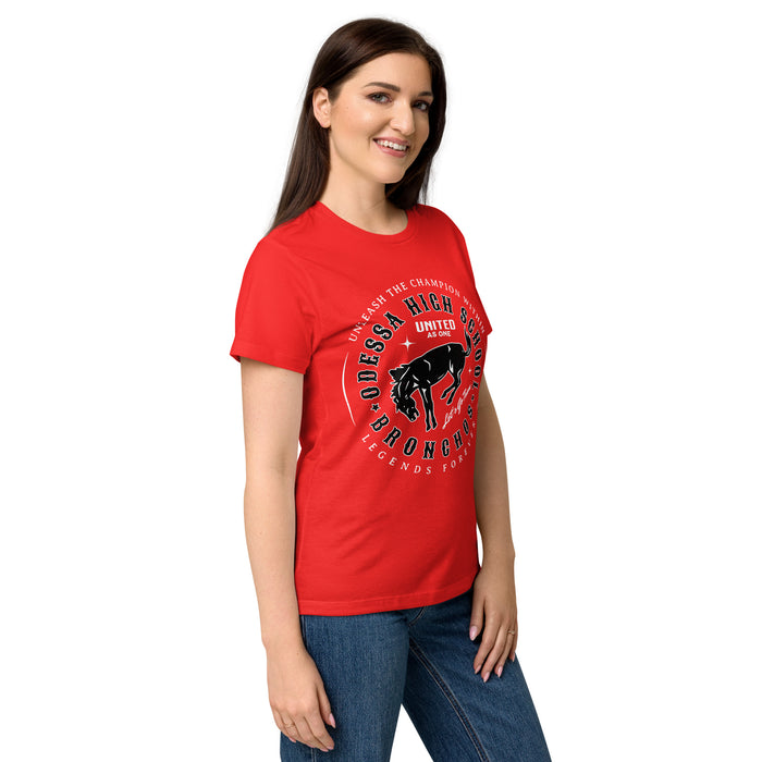 Side view of Odessa High School Bronchos Women's Red SoftStyle T-shirt 214