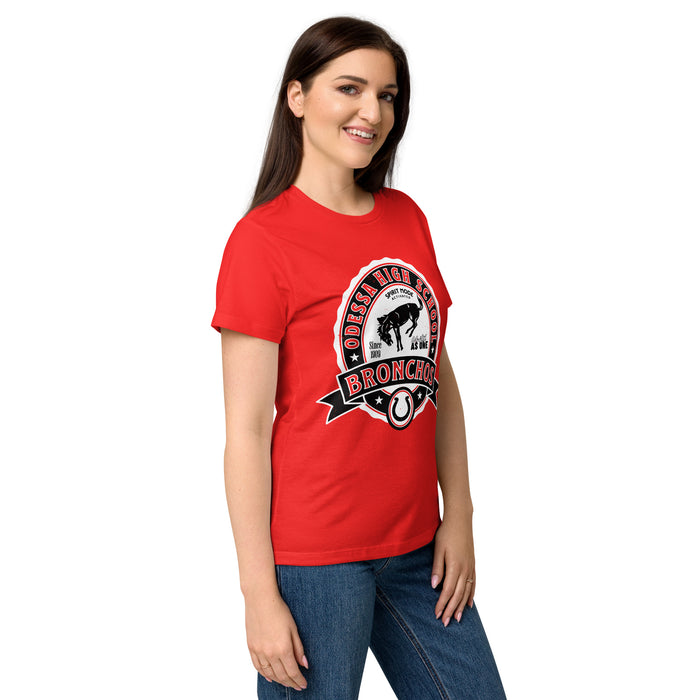 Side view of Odessa High School Bronchos Women's Red SoftStyle T-shirt 212