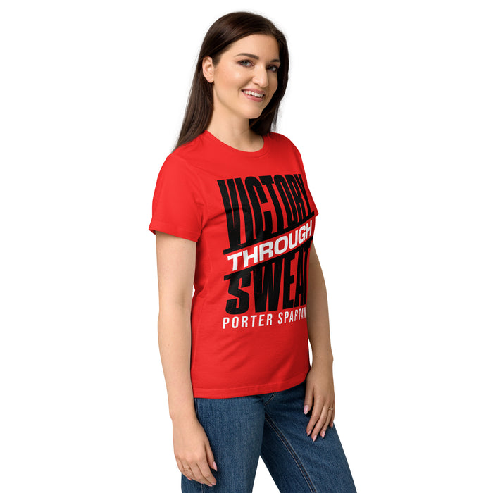 Side view of Porter High School Spartans Women's Red SoftStyle T-shirt 241