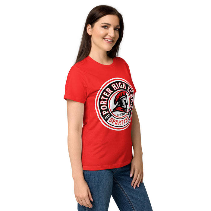 Side view of Porter High School Spartans Women's Red SoftStyle T-shirt 220