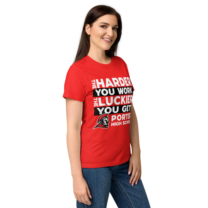 Side view of Porter High School Spartans Women's Red SoftStyle T-shirt 238