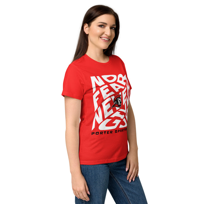 Side view of Porter High School Spartans Women's Red SoftStyle T-shirt 236