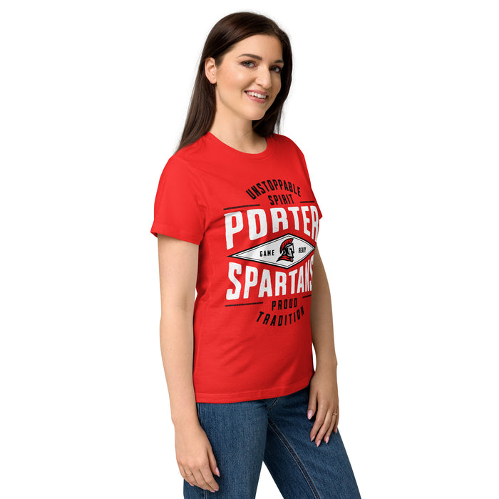Side view of Porter High School Spartans Women's Red SoftStyle T-shirt 210