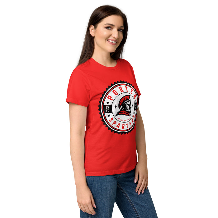 Side view of Porter High School Spartans Women's Red SoftStyle T-shirt 203
