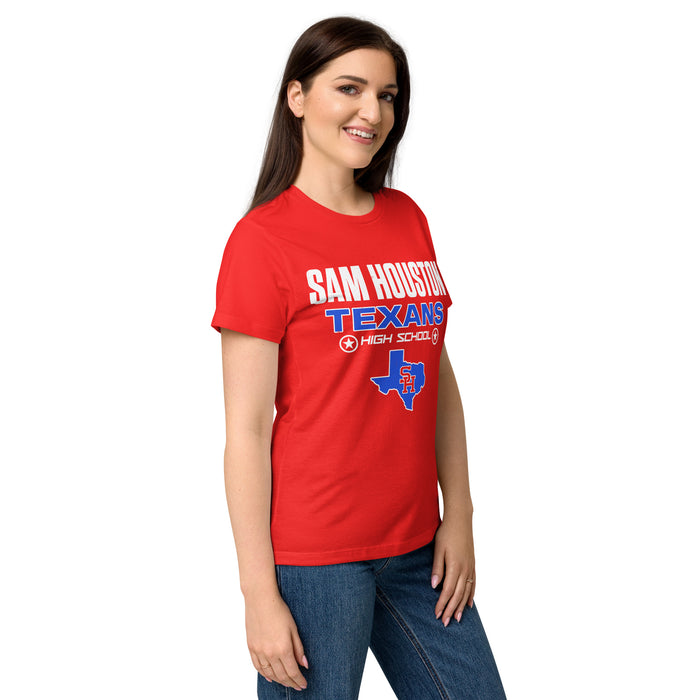 Side view of Sam Houston High School Texans Women's Red SoftStyle T-shirt 003
