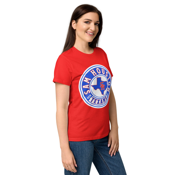 Side view of Sam Houston High School Texans Women's Red SoftStyle T-shirt 220