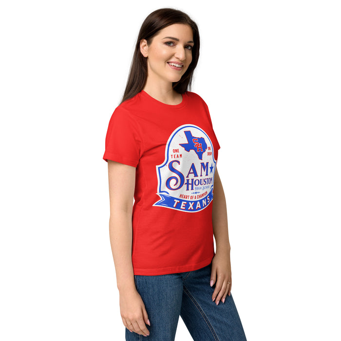 Side view of Sam Houston High School Texans Women's Red SoftStyle T-shirt 219