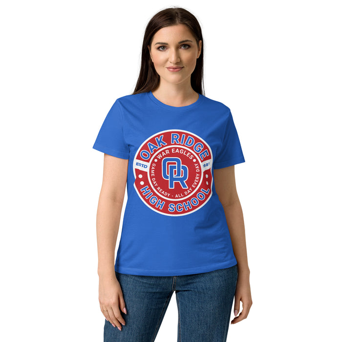 Lady wearing Oak Ridge High School War Eagles Women's Royal Blue SoftStyle T-shirt 239