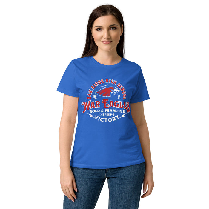 Lady wearing Oak Ridge High School War Eagles Women's Royal Blue SoftStyle T-shirt 206