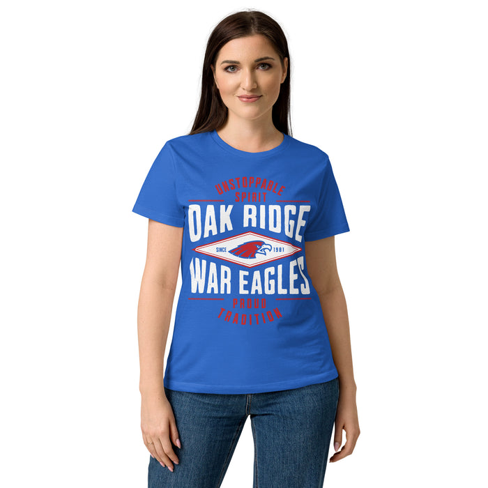 Lady wearing Oak Ridge High School War Eagles Women's Royal Blue SoftStyle T-shirt 210