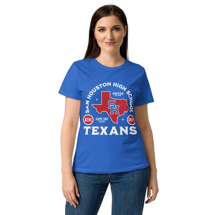 Front view of Sam Houston High School Texans Women's Royal Blue SoftStyle T-shirt 208