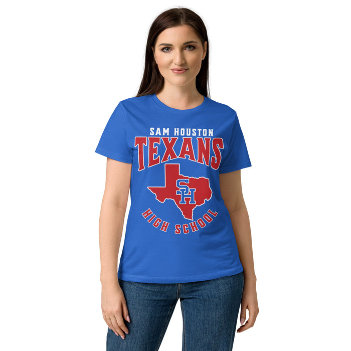 Front view of Sam Houston High School Texans Women's Royal Blue SoftStyle T-shirt 213