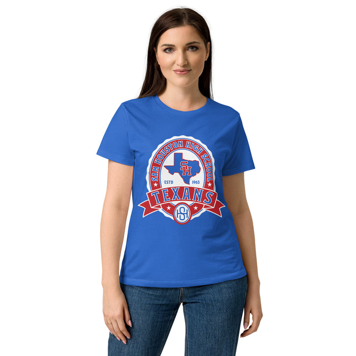 Front view of Sam Houston High School Texans Women's Royal Blue SoftStyle T-shirt 212