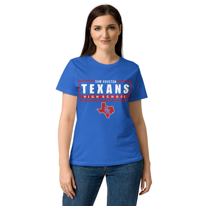 Front view of Sam Houston High School Texans Women's Royal Blue SoftStyle T-shirt 049