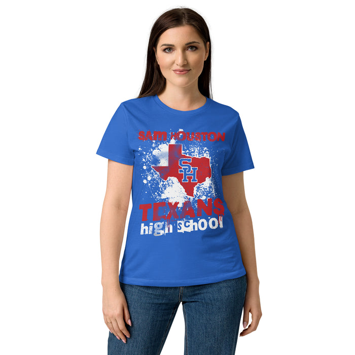 Front view of Sam Houston High School Texans Women's Royal Blue SoftStyle T-shirt 205