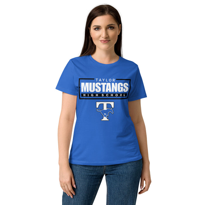 Lady wearing Taylor High School Mustangs Women's Royal Blue SoftStyle T-shirt 049