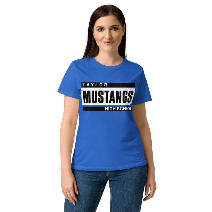 Lady wearing Taylor High School Mustangs Women's Royal Blue SoftStyle T-shirt 098