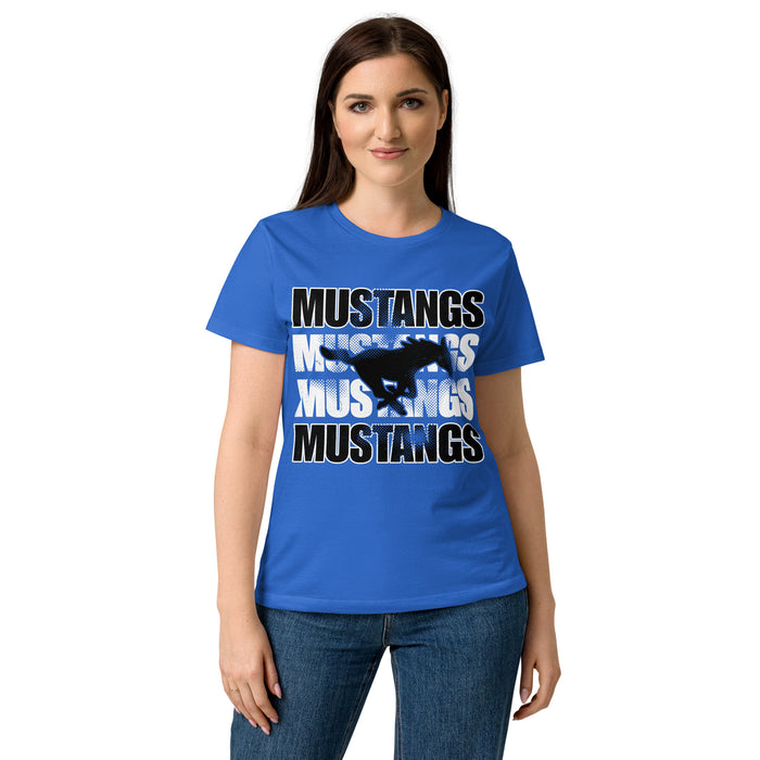Woman wearing Taylor High School Mustangs Women's Royal Blue SoftStyle T-shirt 233