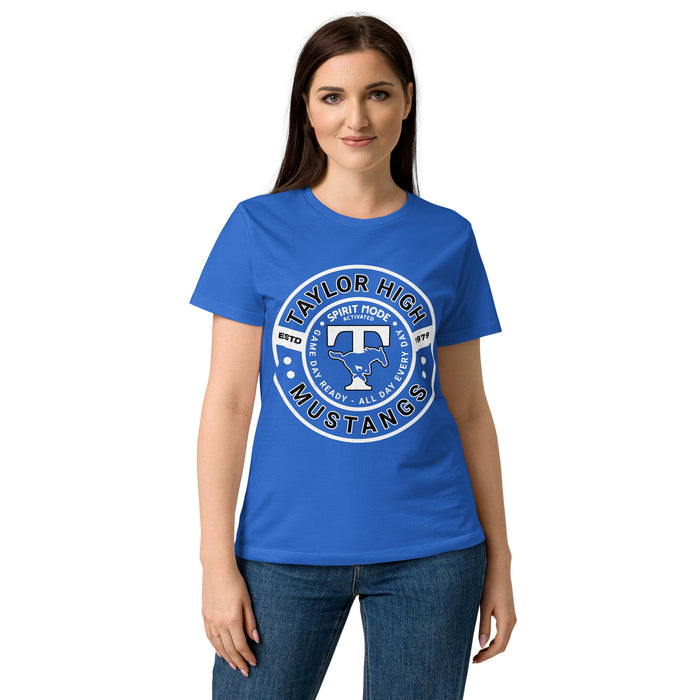 Lady wearing Taylor High School Mustangs Women's Royal Blue SoftStyle T-shirt 239
