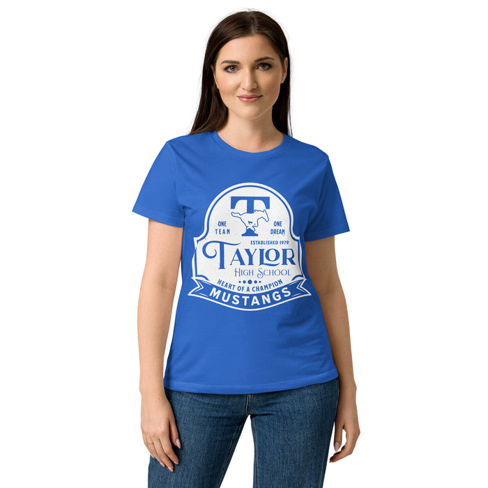 Female wearing Taylor High School Mustangs Women's Royal Blue SoftStyle T-shirt 219