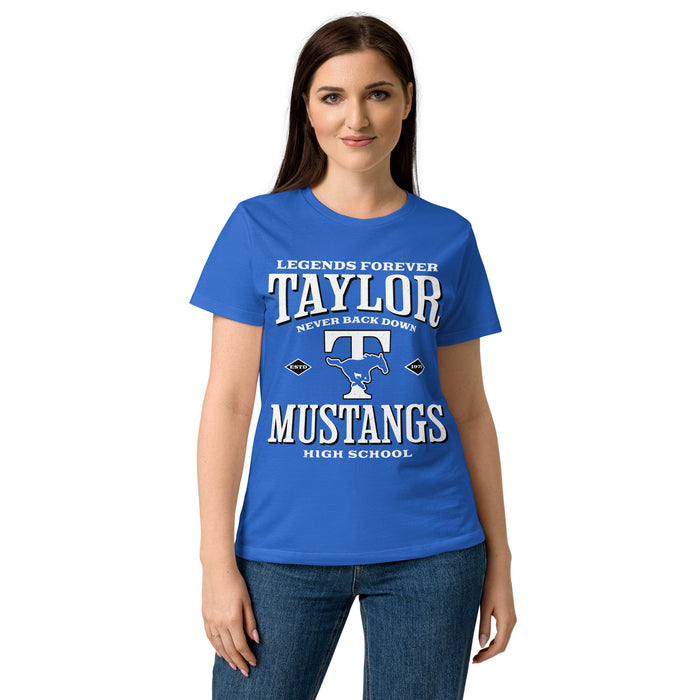 Lady wearing Taylor High School Mustangs Women's Royal Blue SoftStyle T-shirt 230